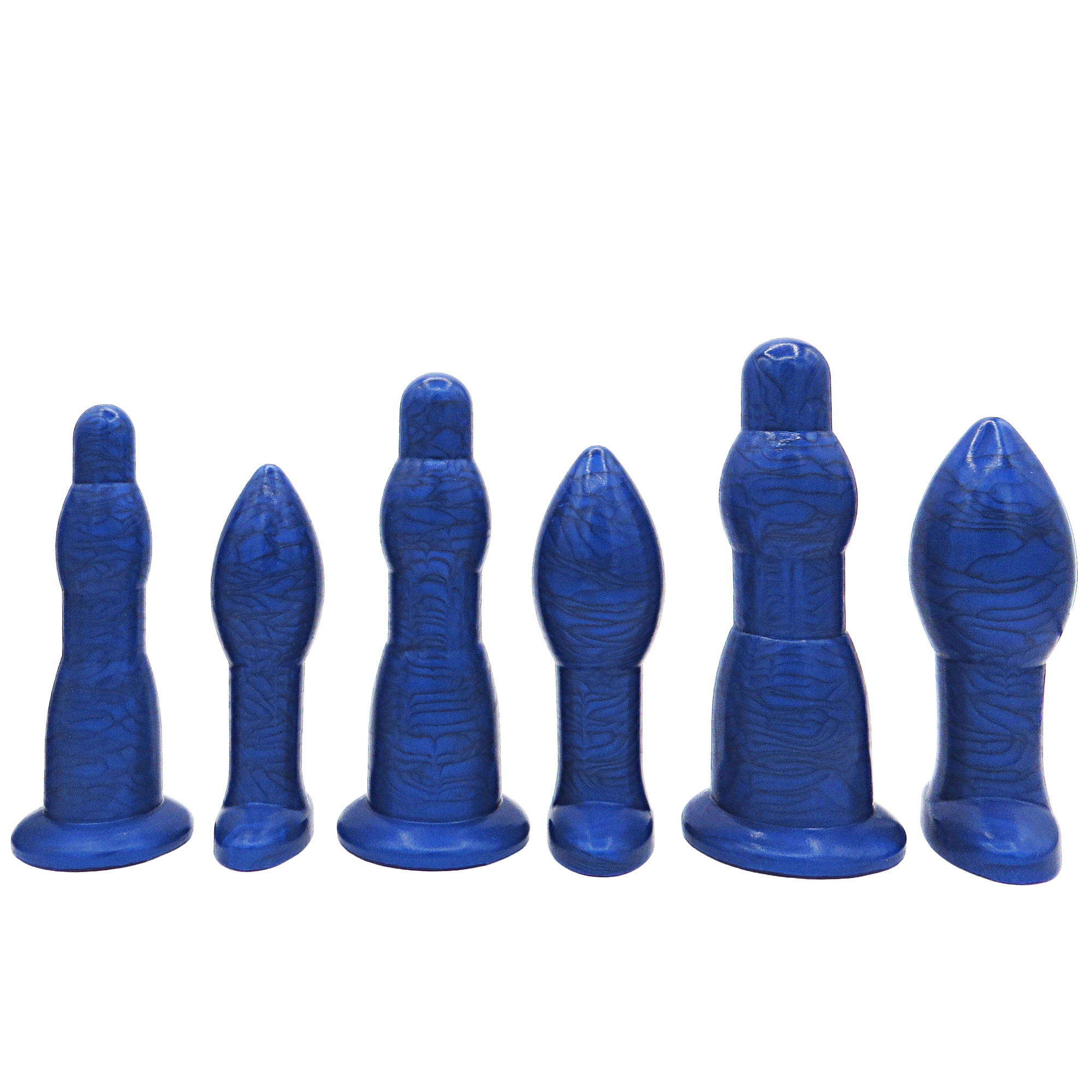 Image of a large blue anal training set with 3 anal dilation wands and 3 butt plugs in increasing sizes