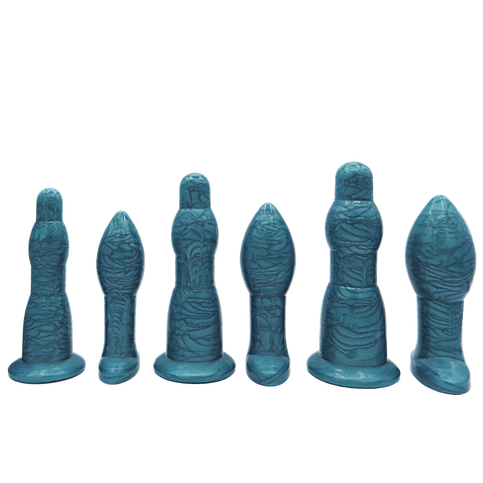 Image of a large aqua anal training set with 3 anal dilation wands and 3 butt plugs in increasing sizes