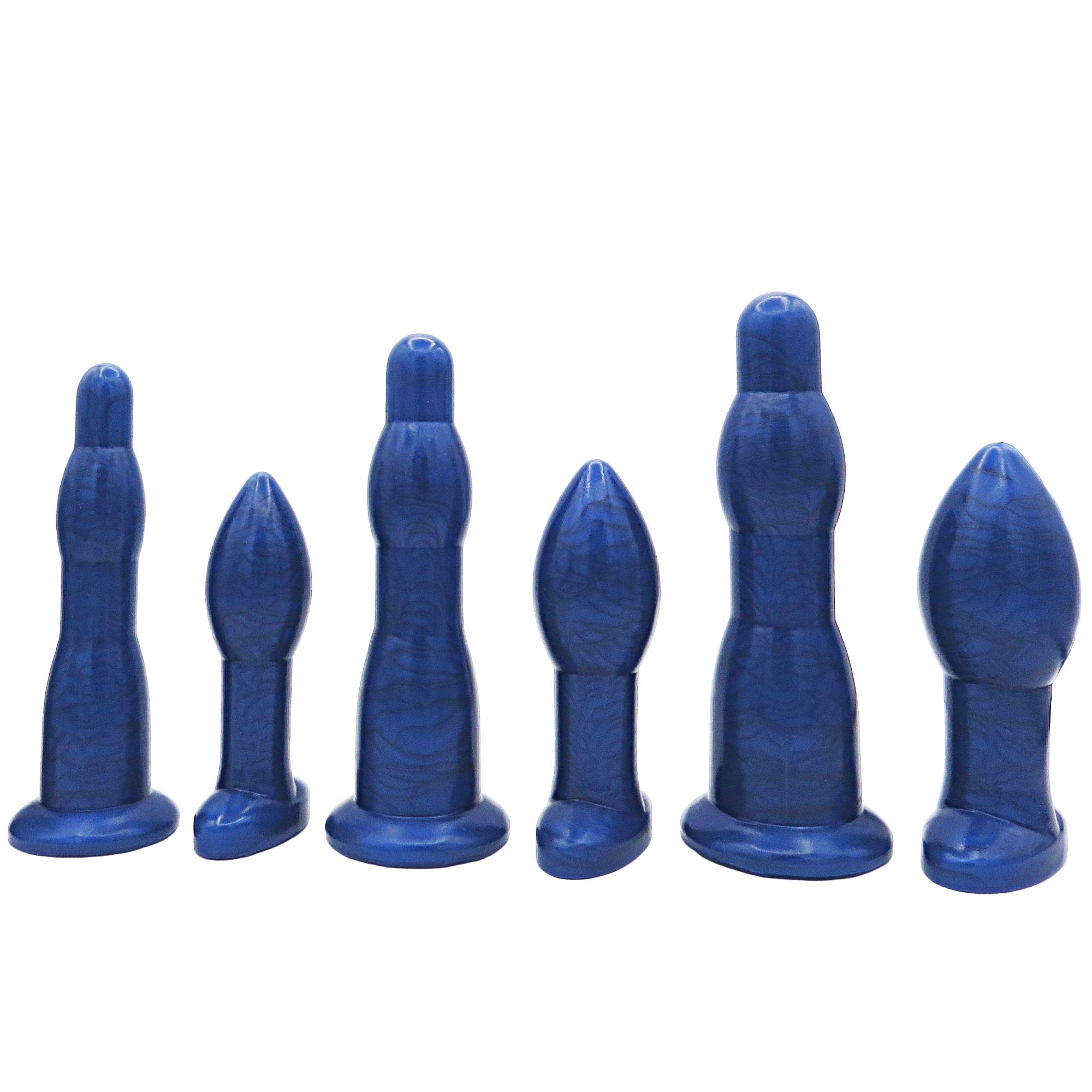 Image of a blue anal training set with 3 long anal dilation wands and 3 butt plugs in increasing sizes