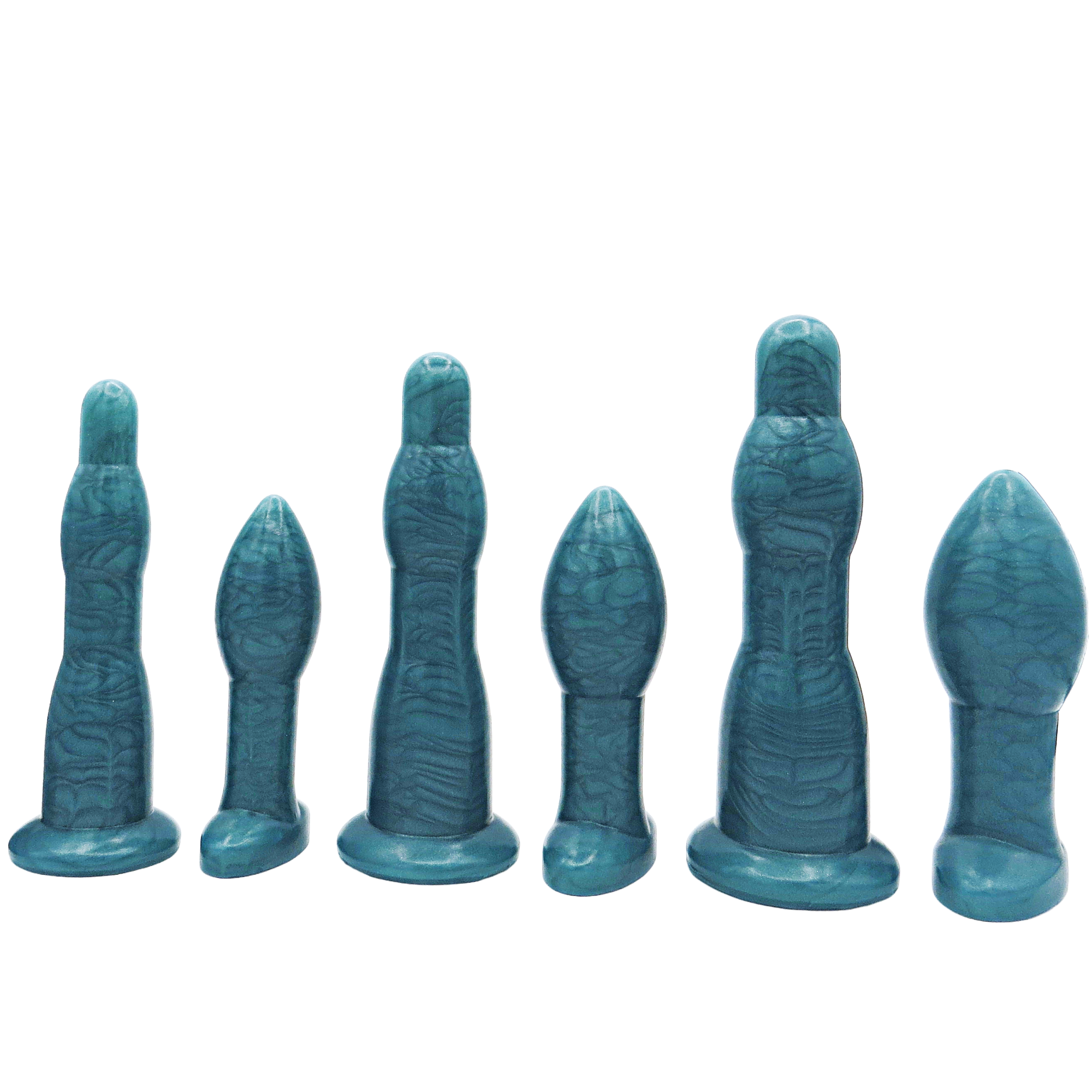 Image of an aqua anal training set with 3 long anal dilation wands and 3 butt plugs in increasing sizes