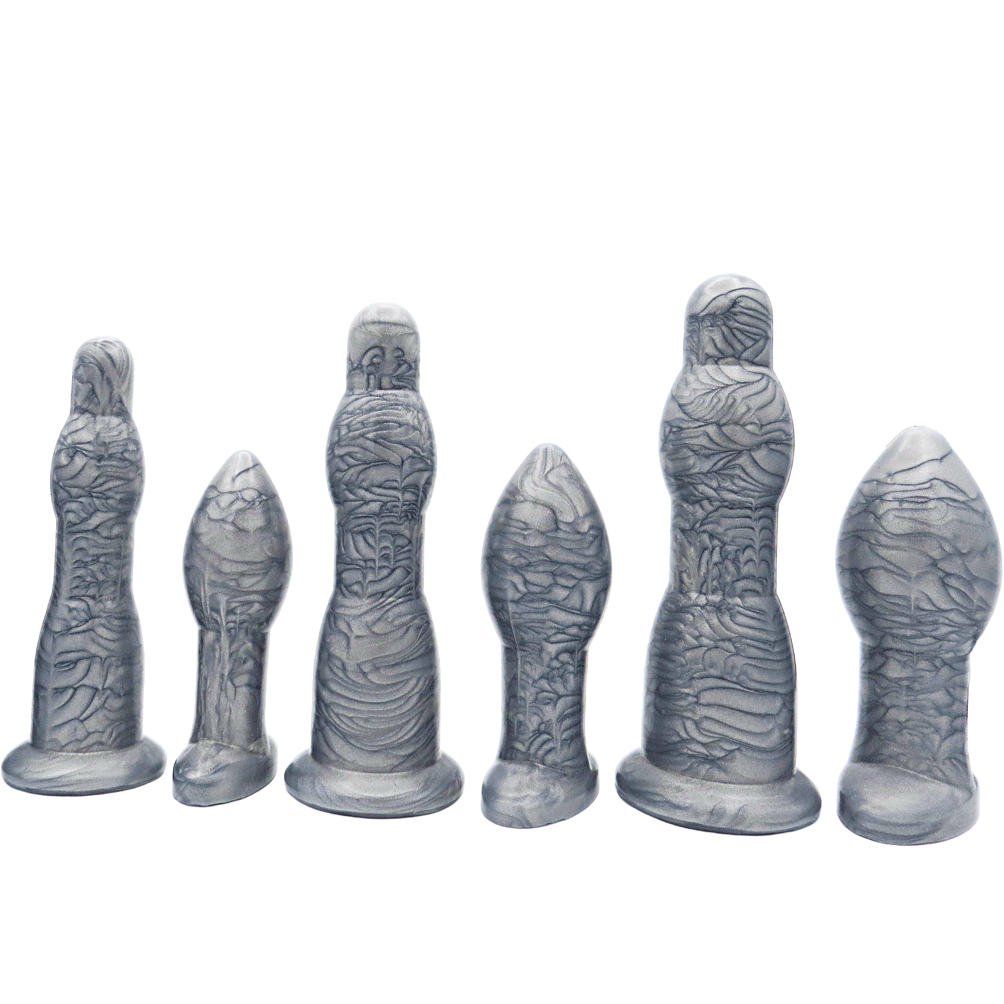Image of a silver anal training set with 3 long anal dilation wands and 3 butt plugs in increasing sizes