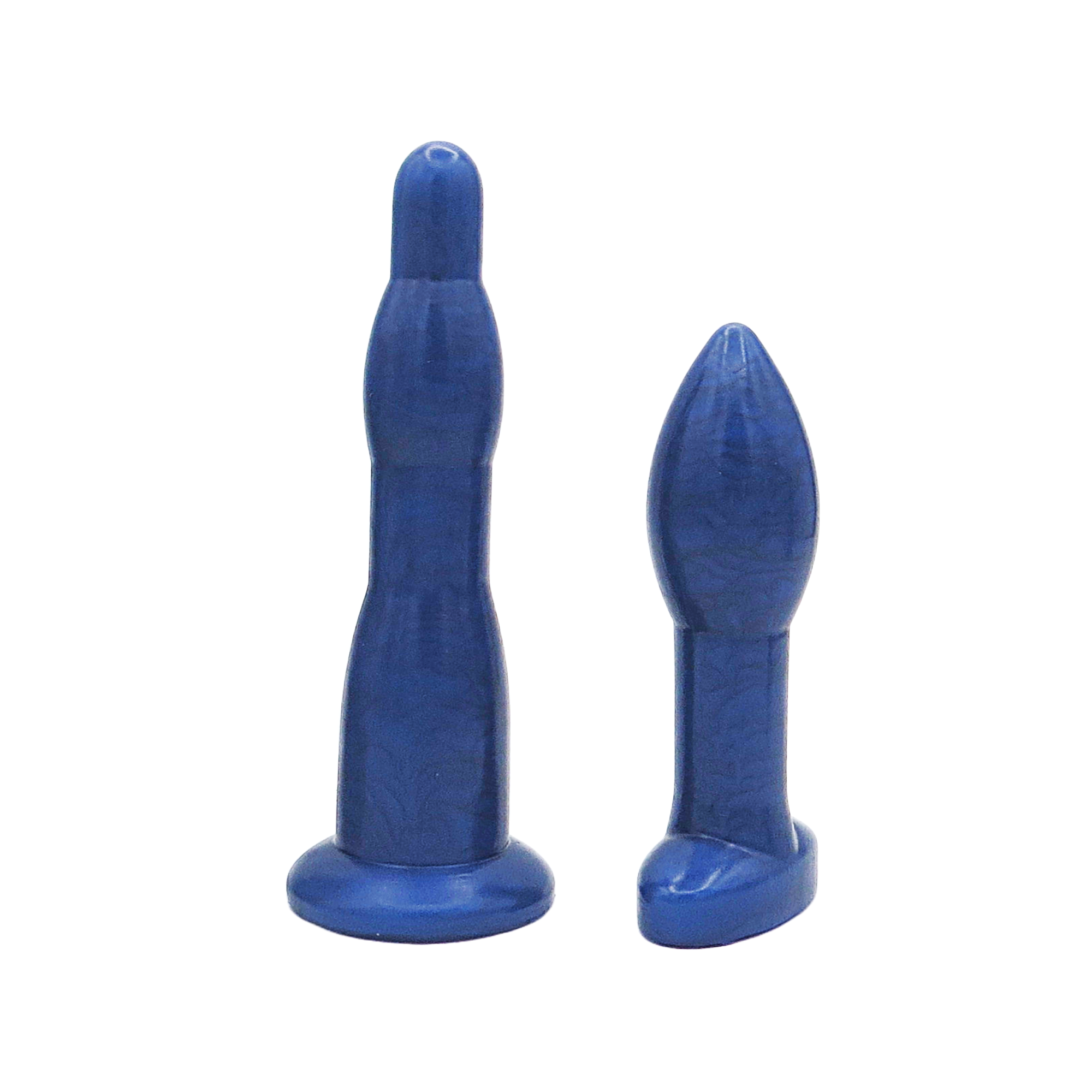 Image of a blue long anal dilation wand and butt plug