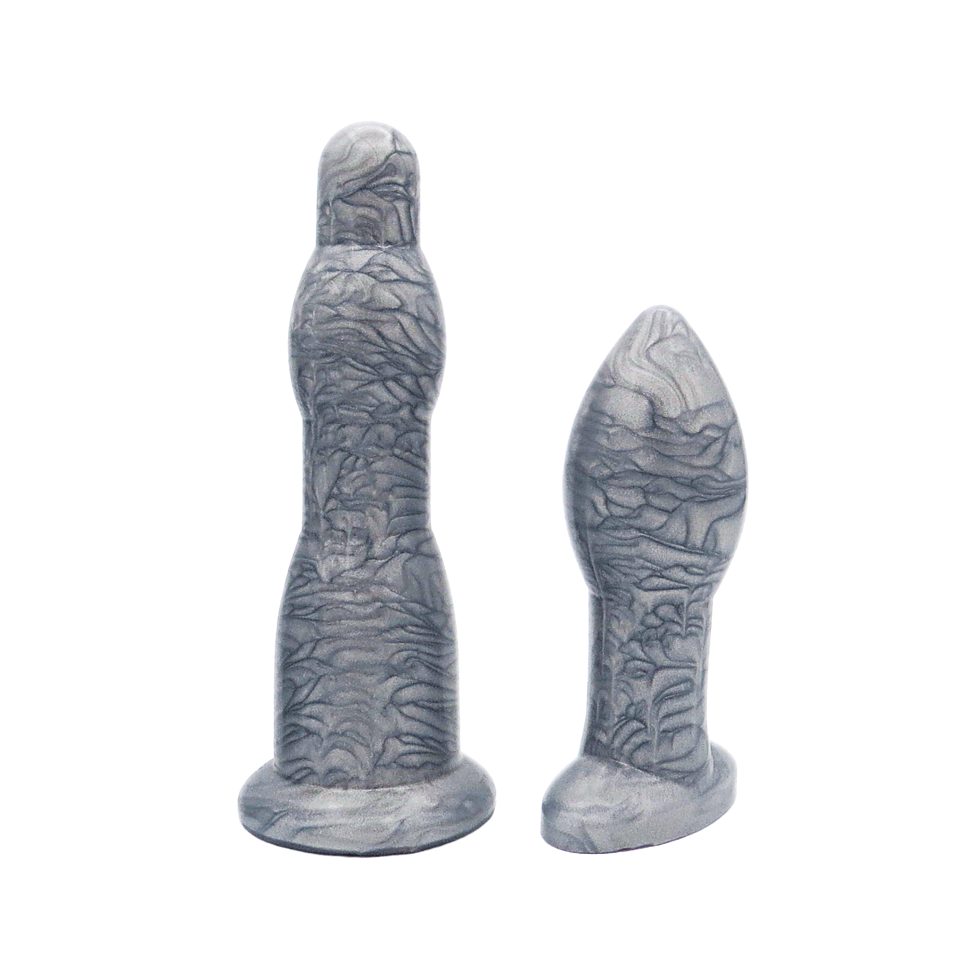 Image of a silver long anal dilation wand and butt plug