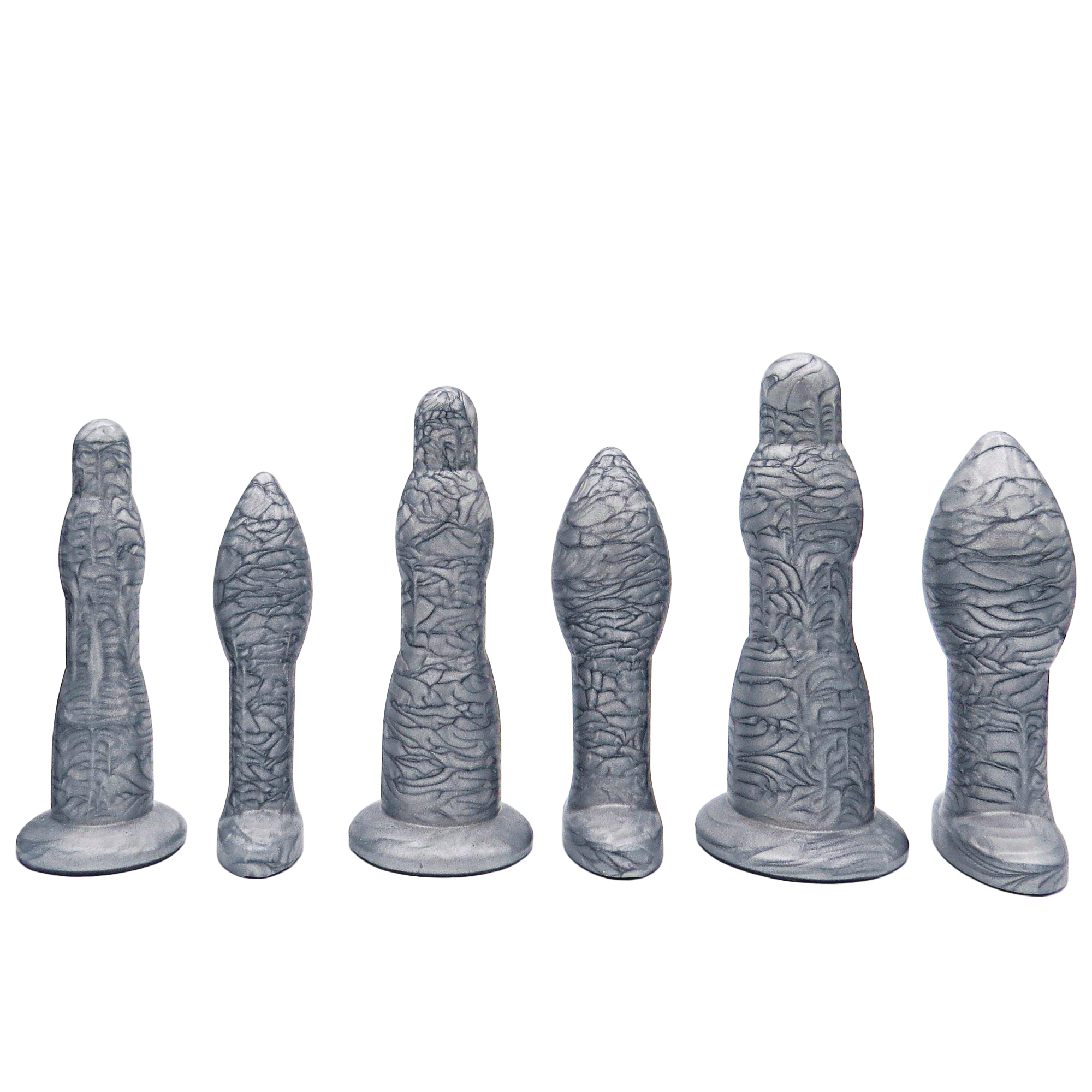 Image of a medium silver anal training set with 3 anal dilation wands and 3 butt plugs in increasing sizes