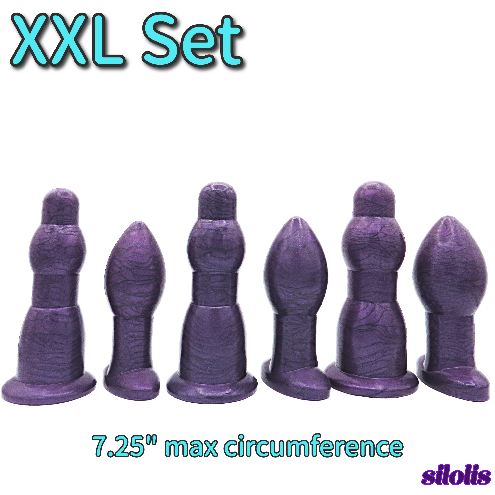 Image of Jumbo anal training set in purple; 3 dilation wands and 3 butt plugs