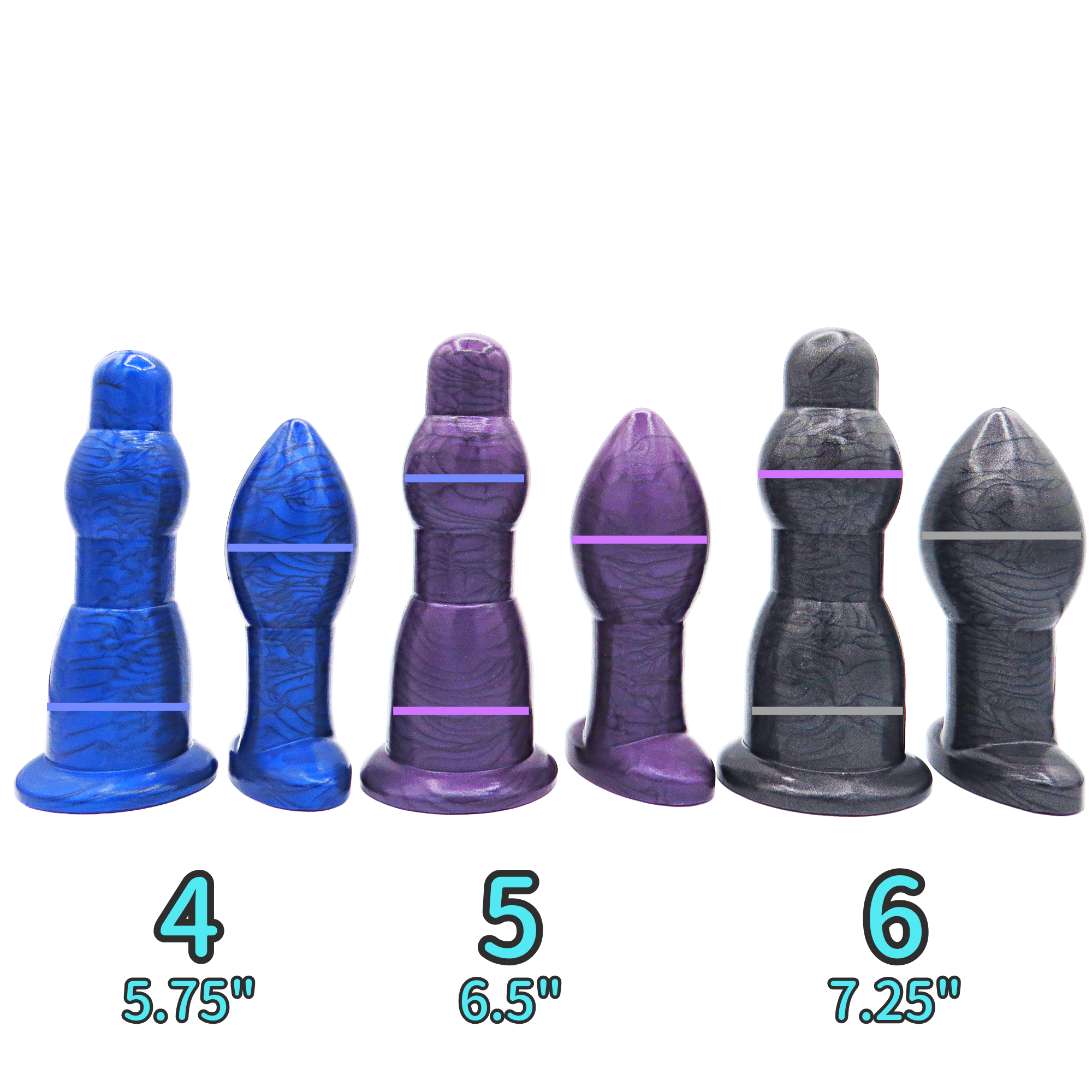 Image of Jumbo anal training set in blue, purple, and black; 3 dilation wands and 3 butt plugs with horizontal lines to indicate coordinated sizing.