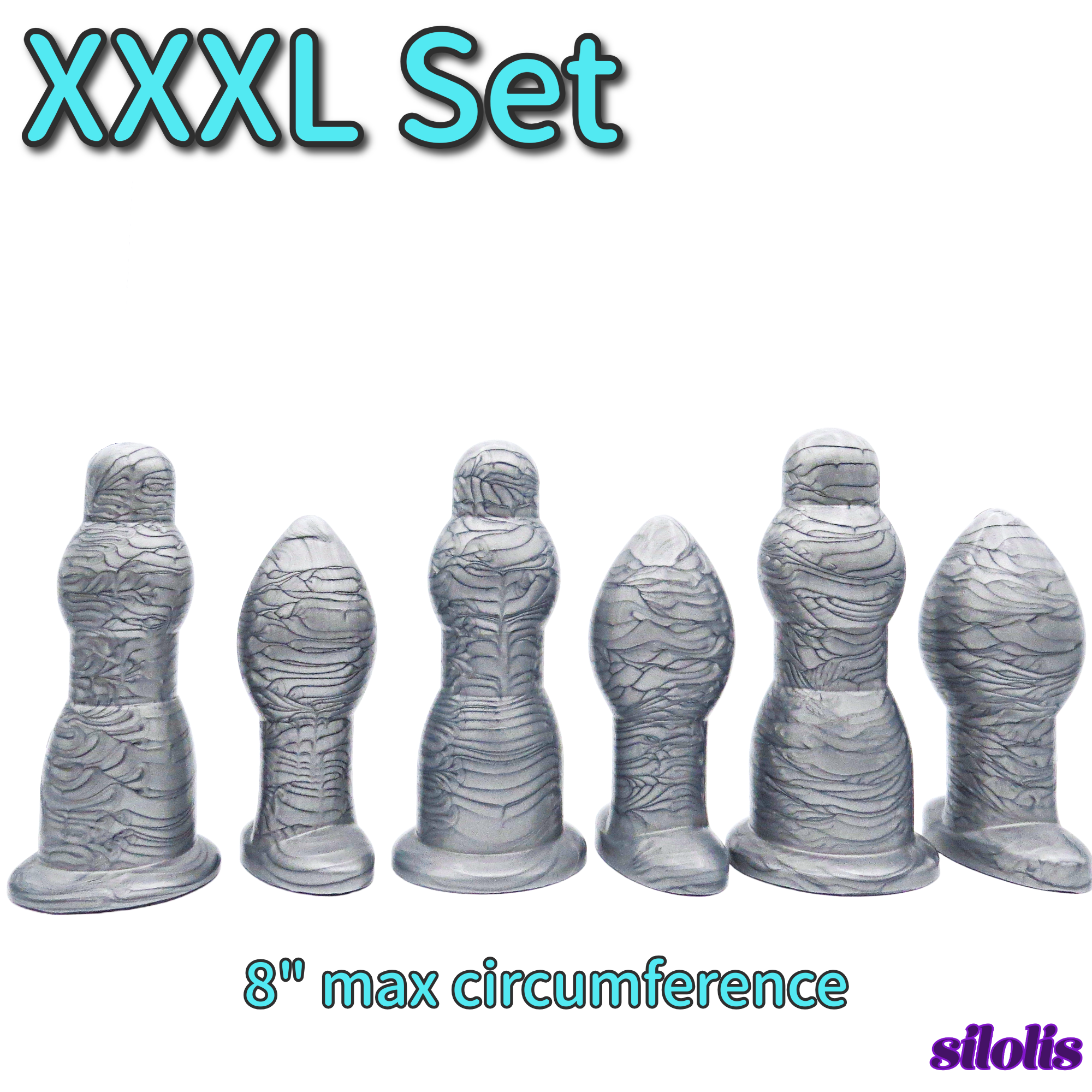 Image of Jumbo anal training set in silver; 3 dilation wands and 3 butt plugs