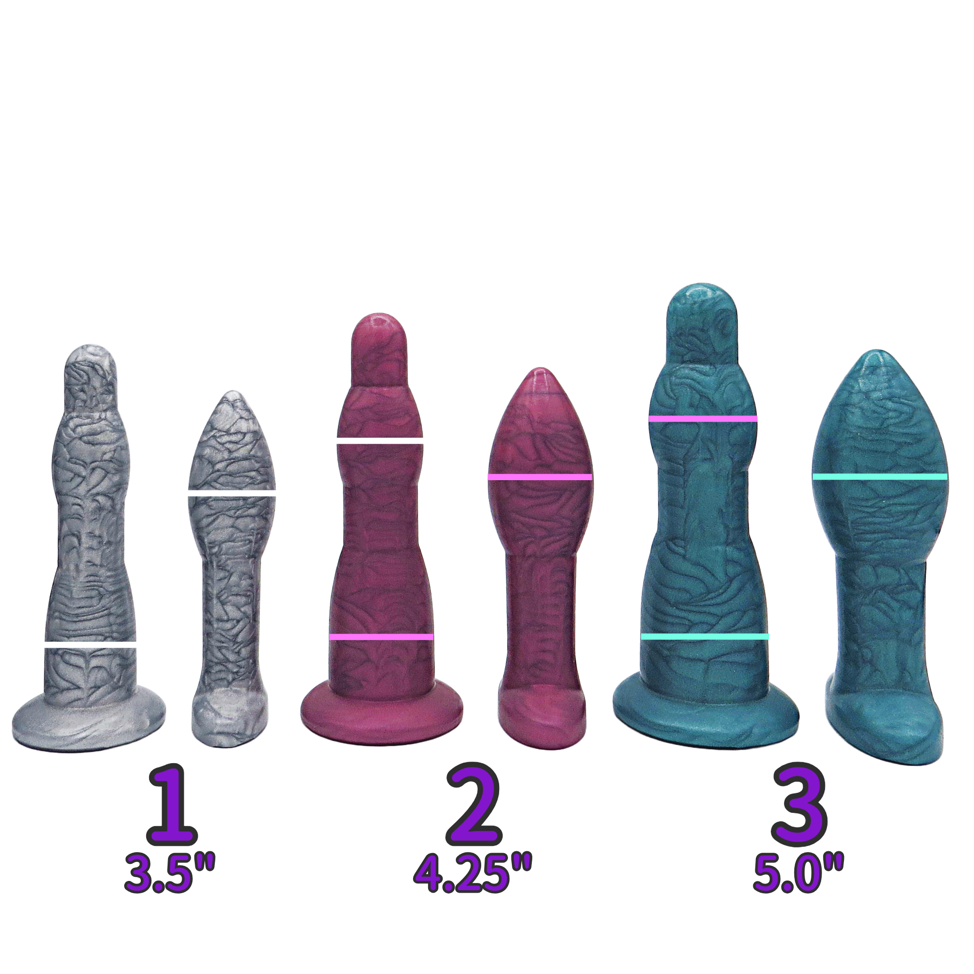 Image of silver wand and plug, rose wand and plug, and aqua wand and plug. Horizontal lines mark the max girth of each piece and the knots of the wands.