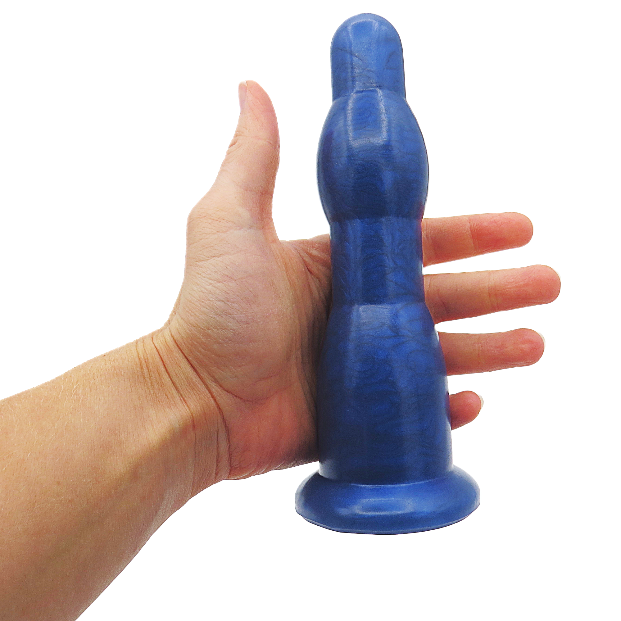Image of a blue long anal dilation wand in a hand