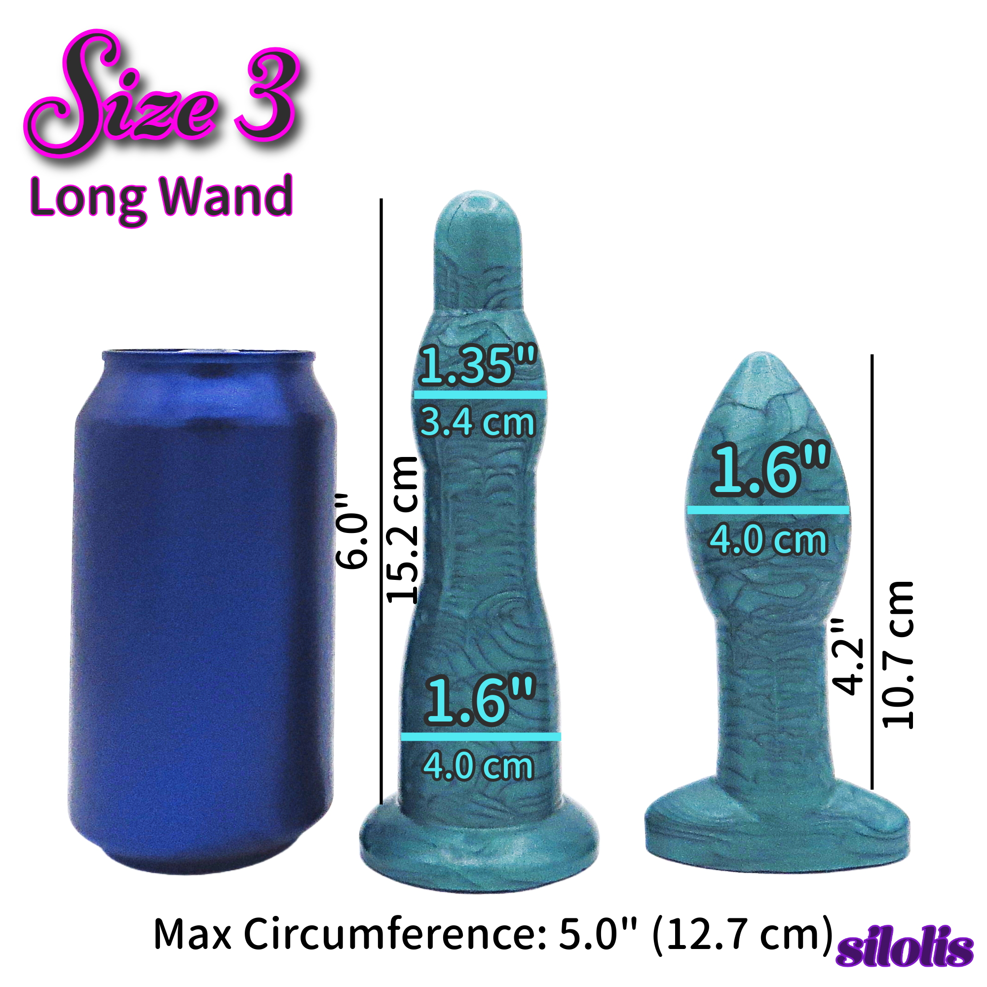 Image of a size 3 aqua long anal dilation wand and butt plug with a can for size reference