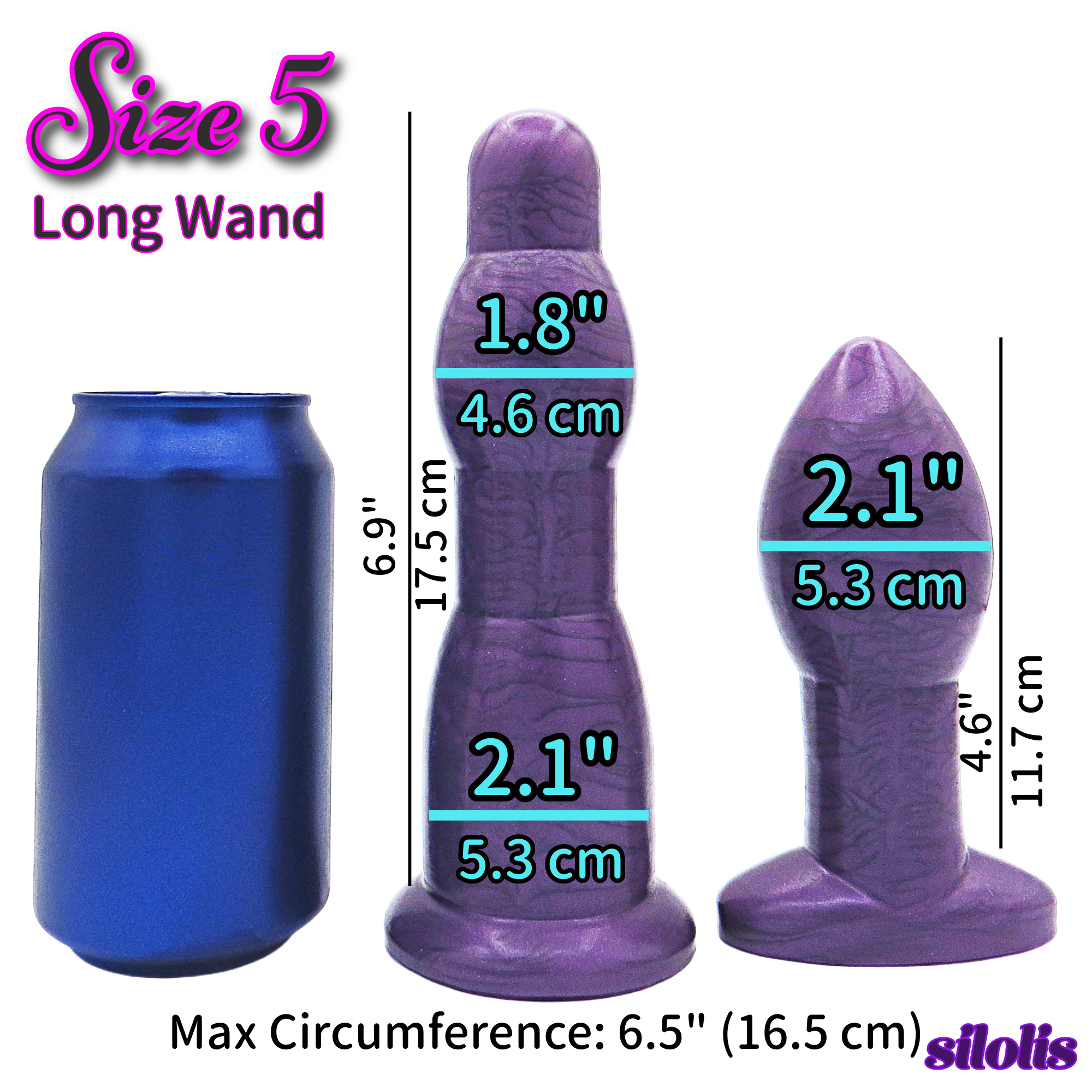 Image of a size 5 purple long anal dilation wand and butt plug with a can for size reference