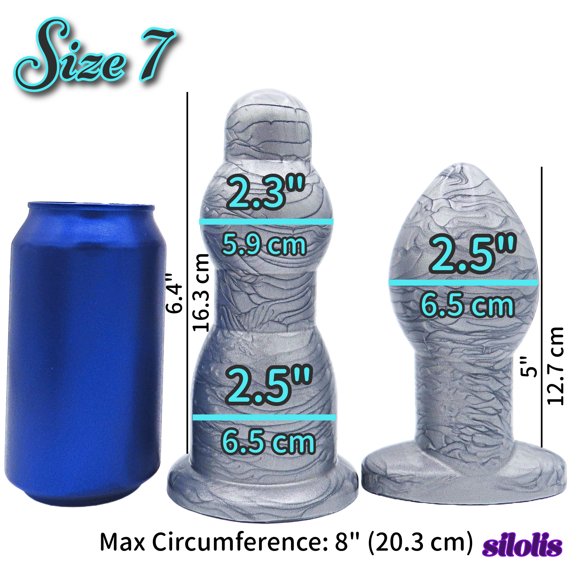 Image of a size 7 silver anal dilation wand and butt plug with a can for size reference
