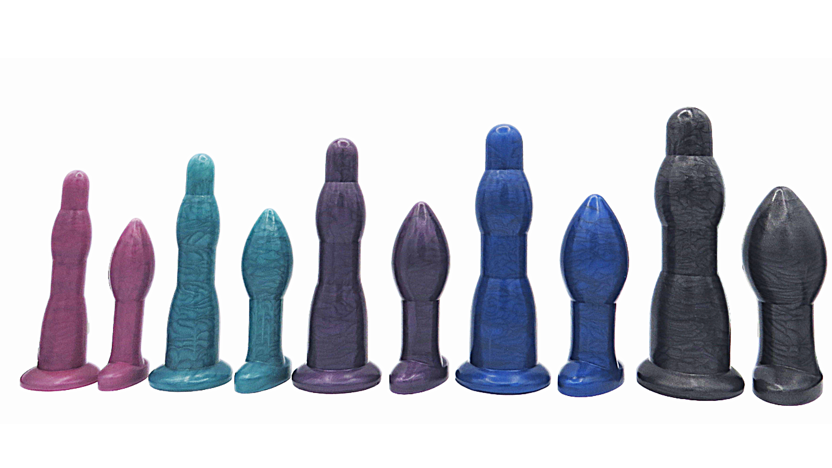 Image of anal training long wands and butt plugs in sizes 1-5. Colors include rose, aqua, purple, blue, and black