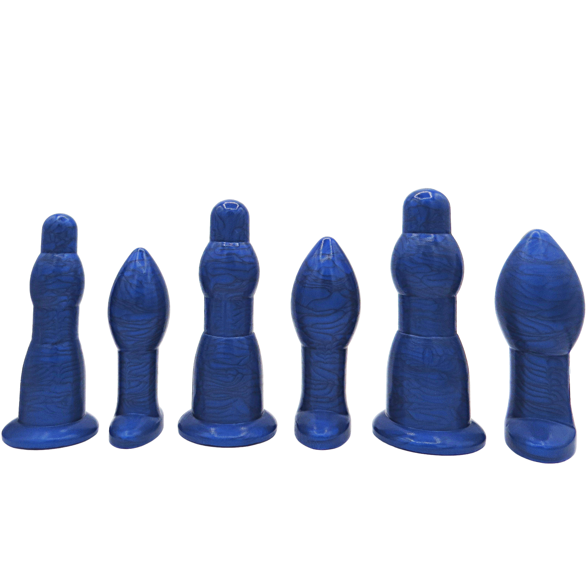 Image of an extra large blue anal training set with 3 anal dilation wands and 3 butt plugs in increasing sizes