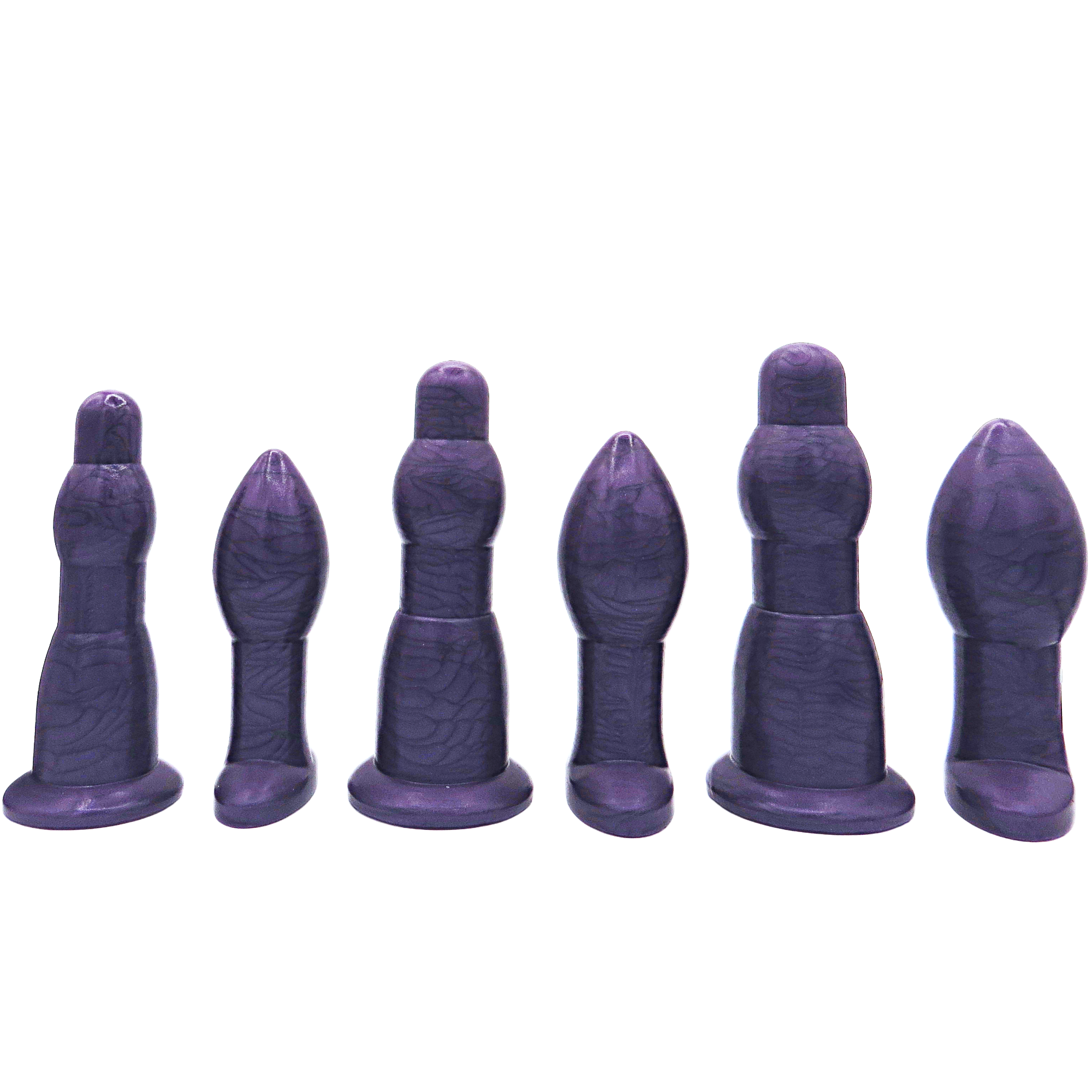 Image of an extra large purple anal training set with 3 anal dilation wands and 3 butt plugs in increasing sizes