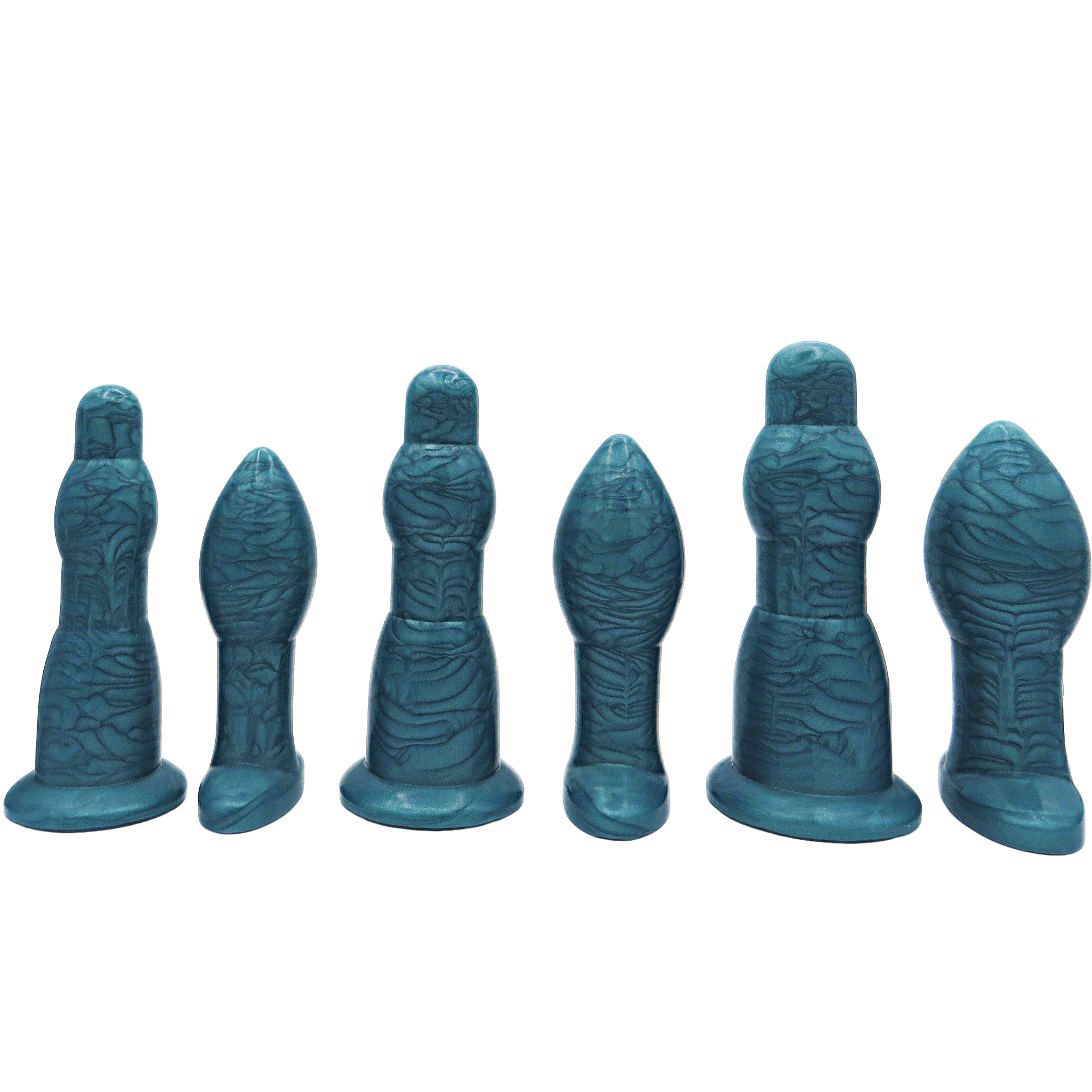 Image of an extra large aqua anal training set with 3 anal dilation wands and 3 butt plugs in increasing sizes