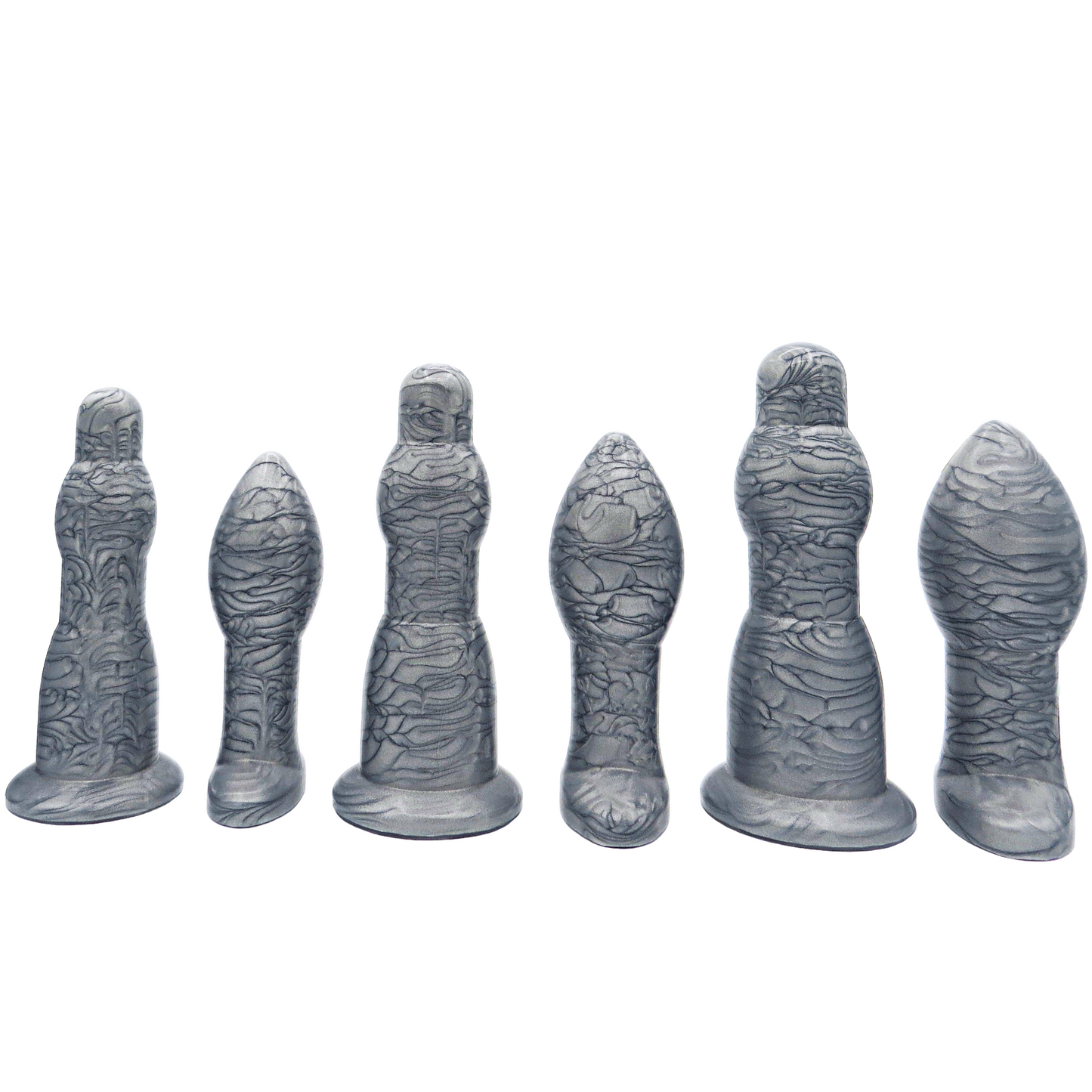 Image of an extra large silver anal training set with 3 anal dilation wands and 3 butt plugs in increasing sizes