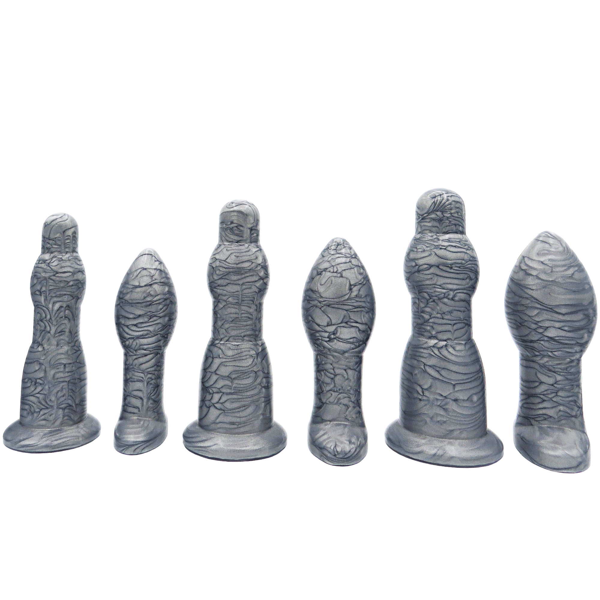 Image of an extra large silver anal training set with 3 anal dilation wands and 3 butt plugs in increasing sizes