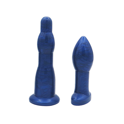 Image of a blue long anal dilation wand and butt plug