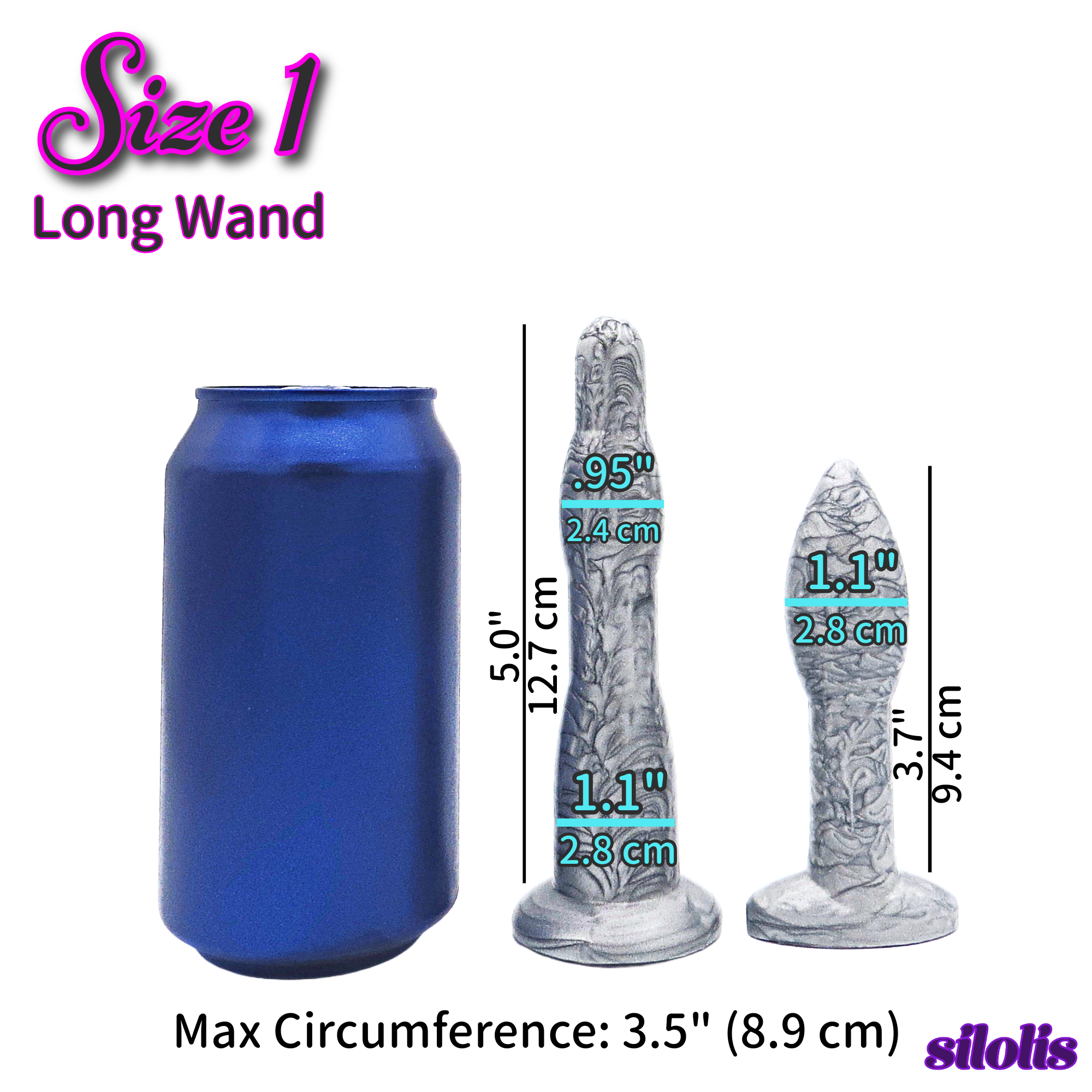 Image of a size 1 silver long anal dilation wand and butt plug with a can for size reference