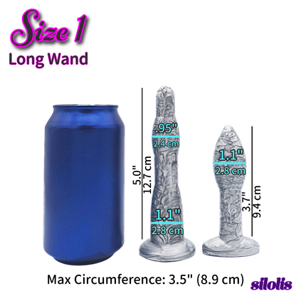 Image of a size 1 silver long anal dilation wand and butt plug with a can for size reference