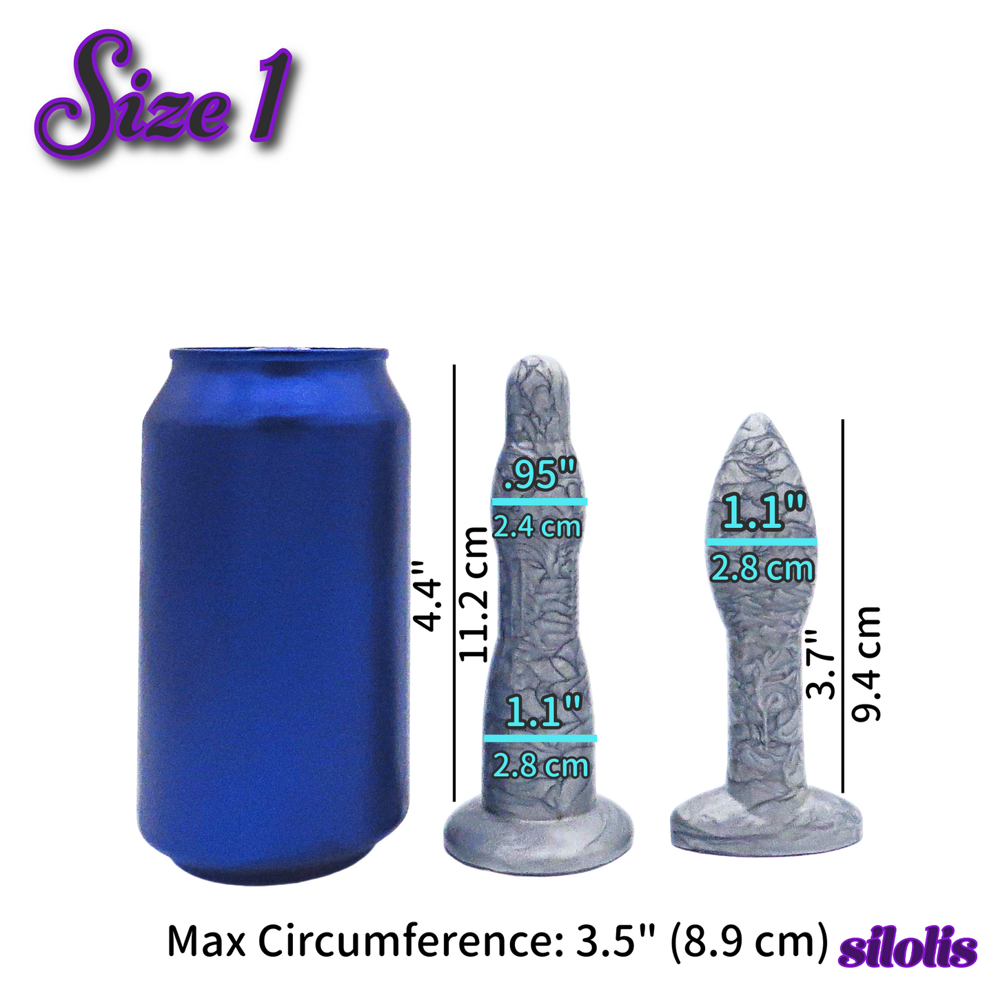 Image of a size 1 silver anal dilation wand and butt plug with a can for size reference