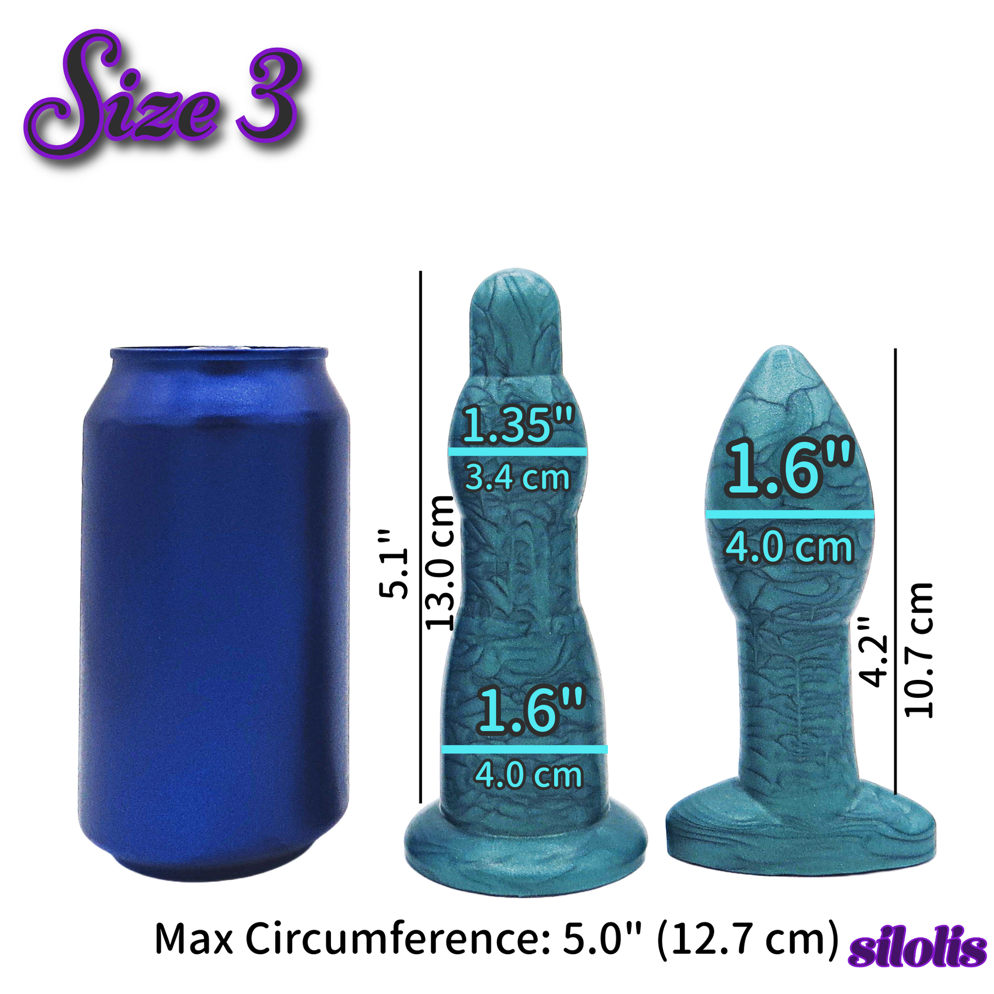Image of a size 3 aqua anal dilation wand and butt plug with a can for size reference